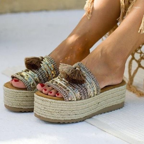 

slippers flat women platform open toe espadrille sandals summer fringe roman ladies slides flip flops big size female shoes11, Black