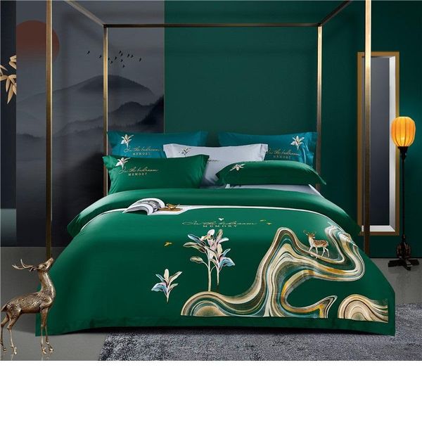 

luxury jungle fawn green satin embroidery egyptian cotton duvet cover bed linen fitted sheet pillowcases bedclothes king  bedding sets