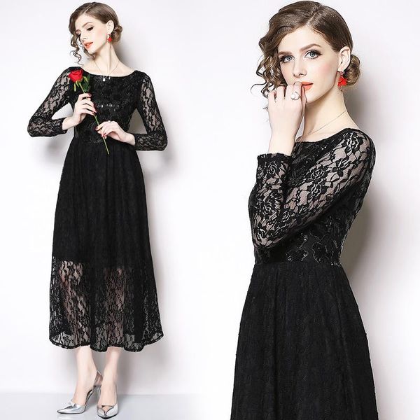 

casual dresses elegant vintage fashion women lace slim tunic high waist evening party dress lady long sleeve big swing maxi, Black;gray