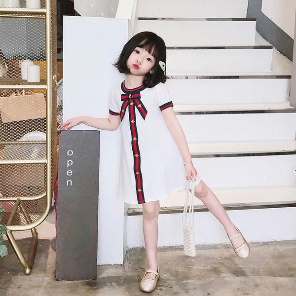 

korean girl round neck bowknot dress 2021 western princess ribbon summer baby style bee girl's dresses, Red;yellow