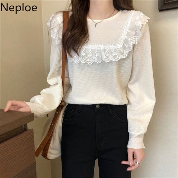

neploe women's blouse spring new o neck long sleeve white shirt korean loose lace patchwork temperament blusas mujer 4h546 210422