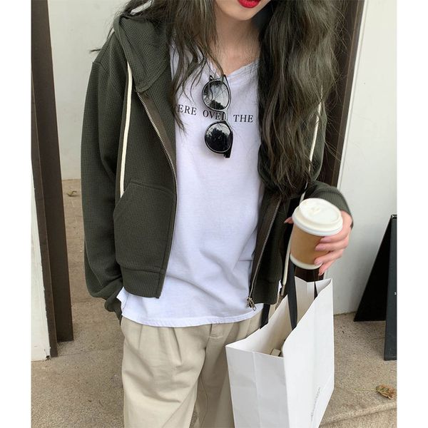 

3 colors 2021 korean preppy style women autumn hooded coats zipper jacket casual clothing female short coat womens (x1625), Black;brown