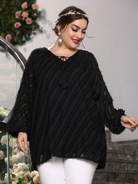 

plus tassel tie lantern sleeve fuzzy blouse 64i2#, Black