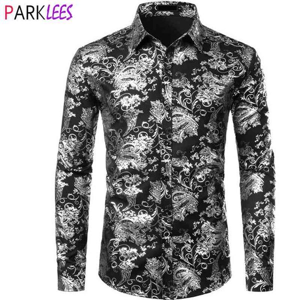 

silver paisley luxury printed floral shirt men wedding party dinner african dress shirts mens wedding dinner party chemise homme 210522, White;black