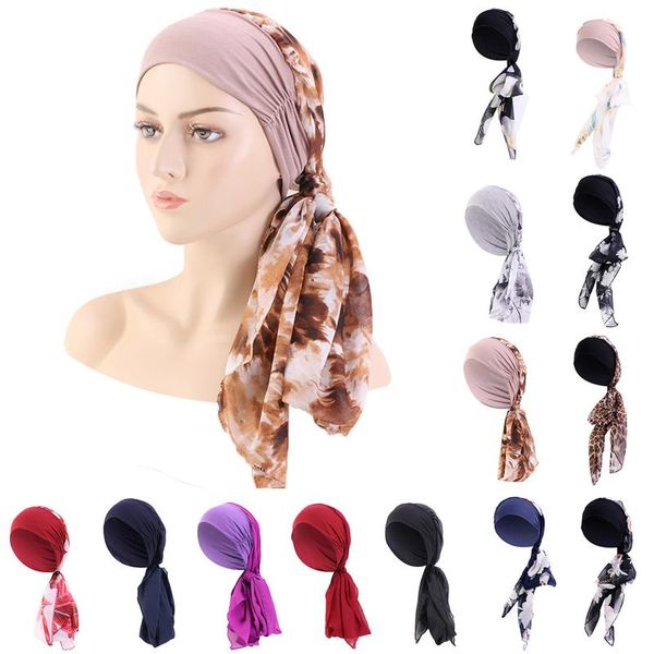 

wide brim hats y25 women flower muslim long folds cancer chemo hat beanie scarf turban head wrap cap printed headwear lady, Blue;gray