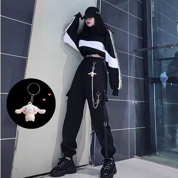 

women's pants & capris cargo pant suit korean fashion loose nine-point beam chain+hip-hop sweater stitching letter harajuku two-piece, Black;white