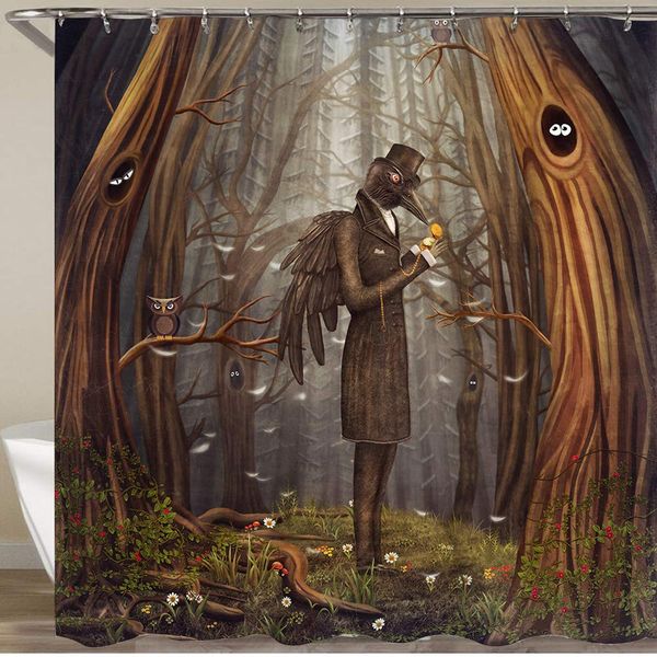 

shower curtain set with 12 hooks,illustration show raven in the forest,decorative bath curtain modern bathroom