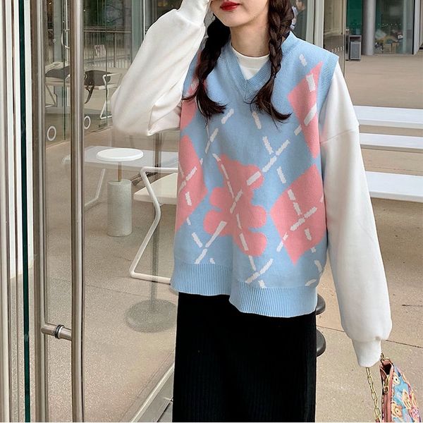 

sweater vest women sweet v-neck argyle criss-cross panelled japanese style fashion sleeveless sweaters daily college loose chic, White;black