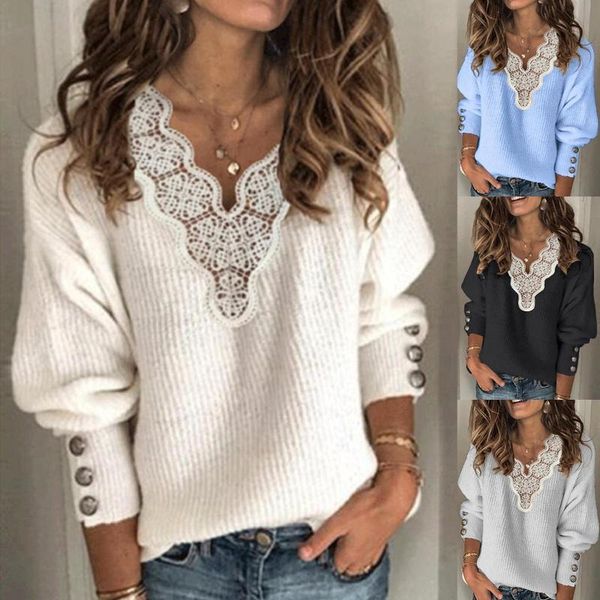 

women's blouses & shirts women autumn winter long sleeve lace patchwork v neck buttons sweater jumpers, White