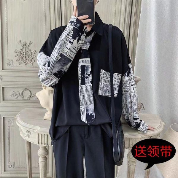 

men's casual shirts 2021 sned tie shirt long sleeve personality white/black color spaper printing splicing trend loose
