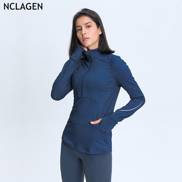 

yoga outfits nclagen 2021 zipper long sleeve elastic slim reflective strip gym sport workout running fitness for women sports shirts, White;red