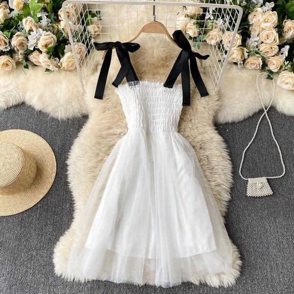 

casual dresses women beach wear vintage strap fluffy dress solid color high-waist mesh fairy robe club clothing sundress, Black;gray