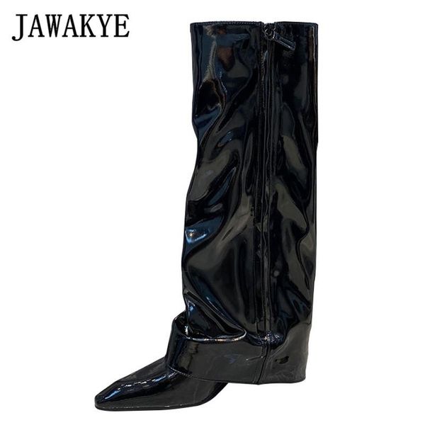 

boots handsome riding knee high women long black matte shiny leather western pointy hide wedge heels runway shoes