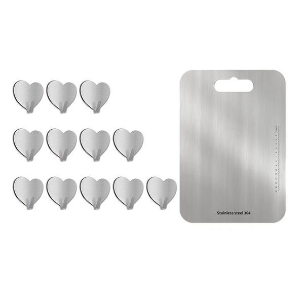 

hooks & rails 2 pcs accessories: 12 adhesive hooks, heart shape seamless sticky 1 chopping block cutting board