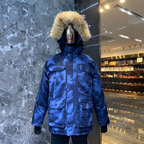 

new designer man parkas jacket real wolf fur hooded down coat windbreaker warm zipper jackets blue camouflage, Black