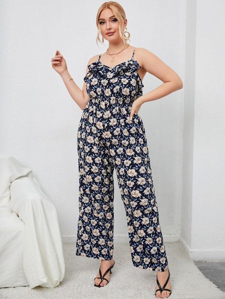 

plus floral print ruffle trim cami jumpsuit 636r#, Black