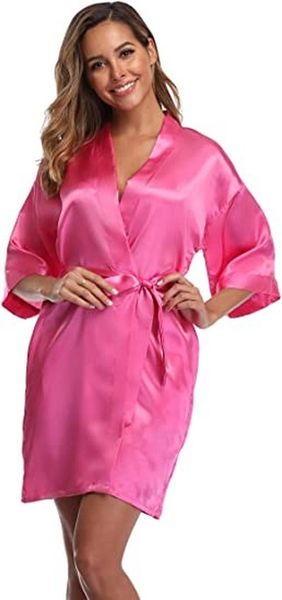 

women's sleepwear plain satin robes pink champagne silver kimono bathrobe simplicity pajamas wedding party short s-xxl, Black;red