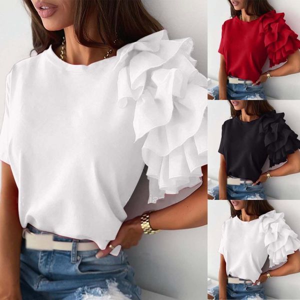 

women's t-shirt women summer casual loose adults solid color ruffle short -sleeve round neck pullover basic tees woman clothes 2021, White