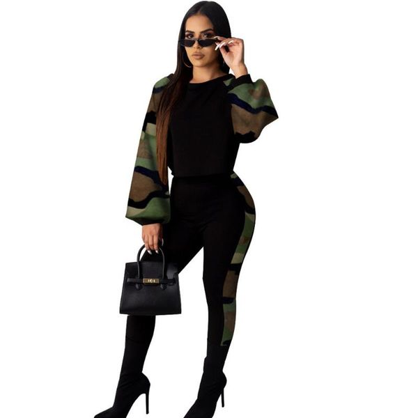 

camouflage leopard patchwork two piece set women lantern sleeve sweatshirt pencil pants suit streetwear 2 club outfits women's tracksui, Gray