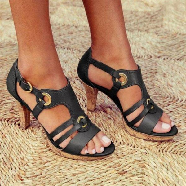 

women cover heel sandals female fashion high heels buckle strap 2021 summer ladies shoes footwear 34-43, Black