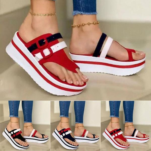

fashion women slippers summer plus size flip flops wedges shallow patchwork shoes casual thick bottom buckle ladies, Black