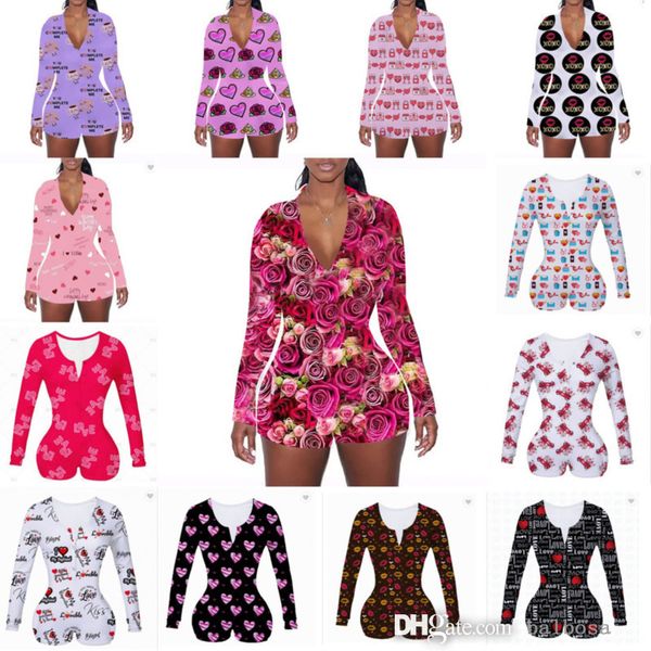 

valentines day women onesies jumpsuits designer new pajamas slim bodysuit v-neck letters pattern printed long sleeve short pants, Black;white