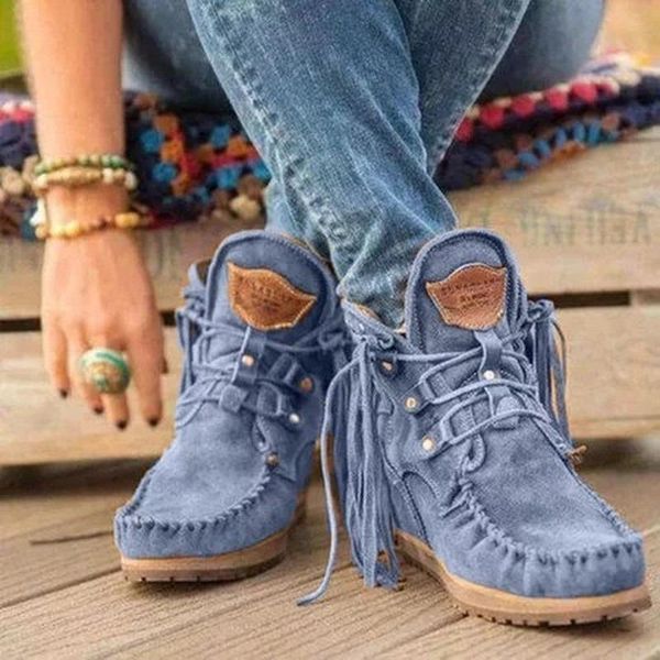 

boots winter women ankle british style tube frosted tassel tide lace-up boho cowboy shoes botas mujer, Black