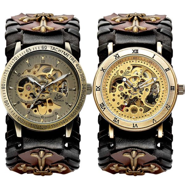 Antik İskelet Arama Erkekler Otomatik Mekanik İzle Vintage Gotik Saat Steampunk Kendini sarma Saatler Kahverengi Kaya Reloj Hombre Q0902