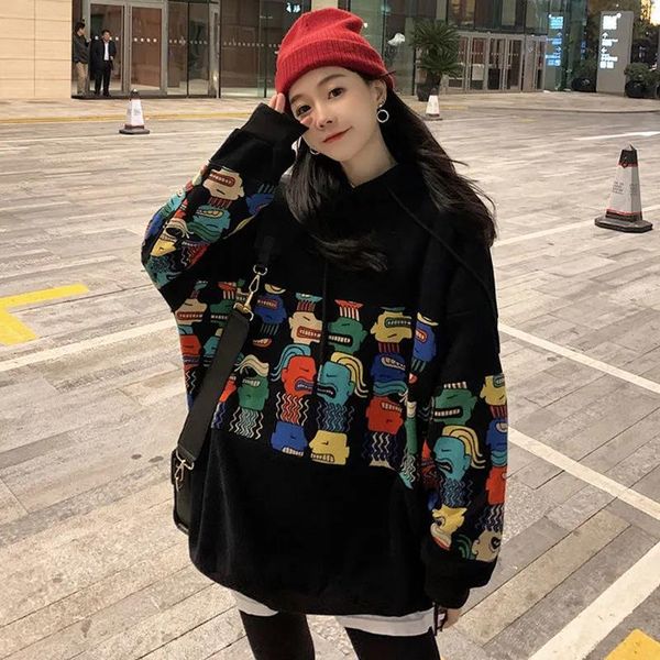 

women's hoodies & sweatshirts oversized splicing cartoon print hoodie women y2k loose autumn winter sweatshirt harajuku vintage for tee, Black