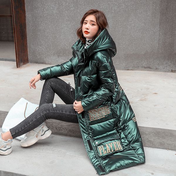 

winter extra long section glossy down cotton women coat parka mujer loose black cotton jacket lady overcoat