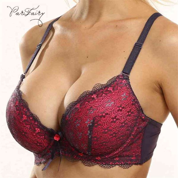 

parifairy lace adjusted straps bra women padded lingerie push up bras plus size bra add two cup underwire brassiere b c cup 210728, Red;black