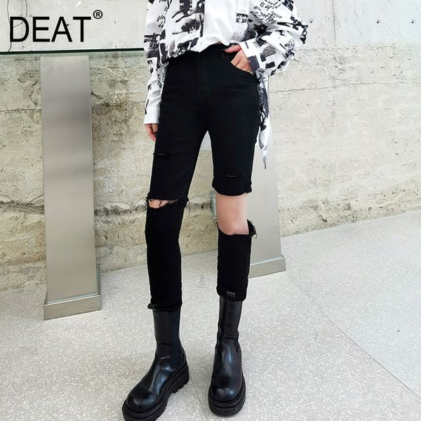 

[deat] high elastic waist trousers new slim fit pants women black zipper hole removable pockets fashion tide summer 7e7757 210428, Black;white