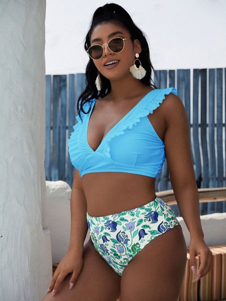 

plus floral print ruffle trim bikini swimsuit 29zu#, Black