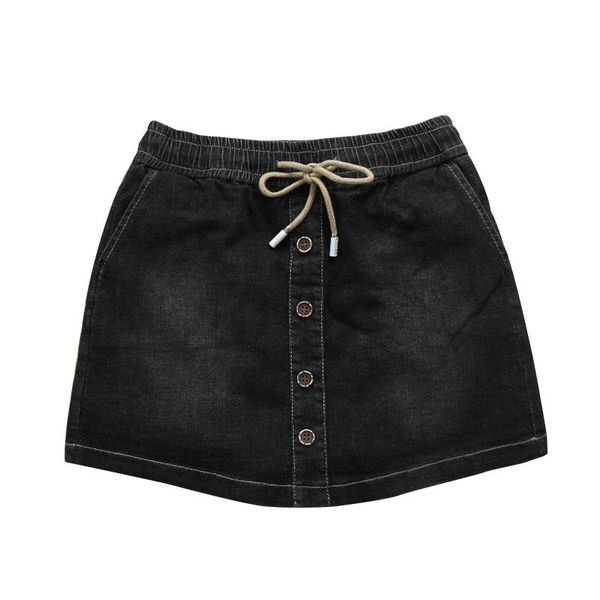 

skirts women black solid casual elastic waist a-line denim 2021 summer high street pockets button all-matched jeans skirt