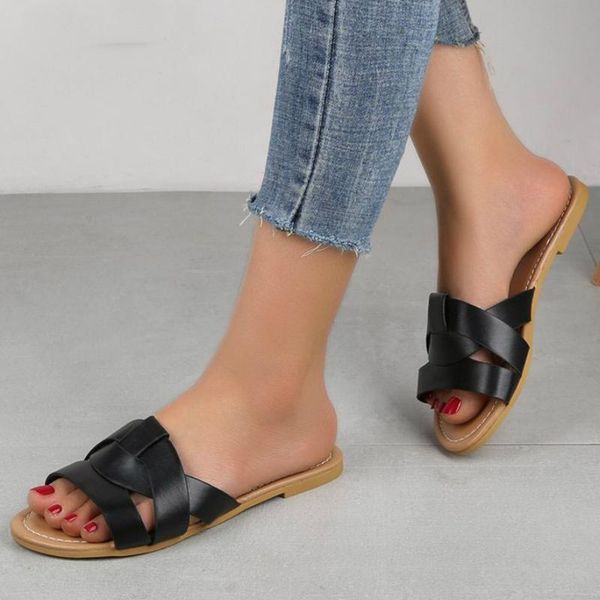 

summer women slippers flats pu leather cross open toe flat rubber sole non slip comfy cozy outdoor slides mature shoes ladies, Black