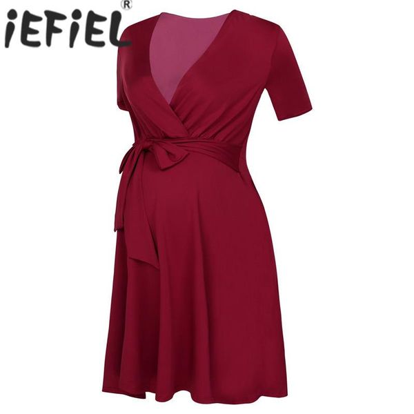 

pregnant women's dress v neck half sleeve knee length dresses for pregnancy breastfeeding cotton casual maternity clothes, White
