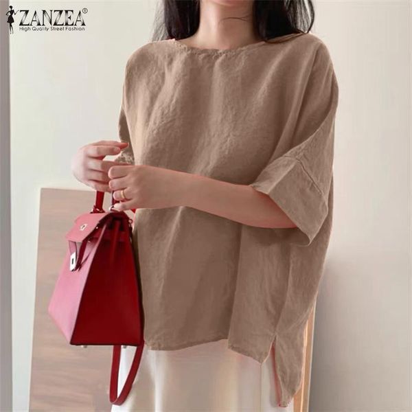 

women's blouses & shirts 2021 loose split tunic chemise asymmetrical women cotton linen solid fashion o neck half sleeve blusas plus s, White