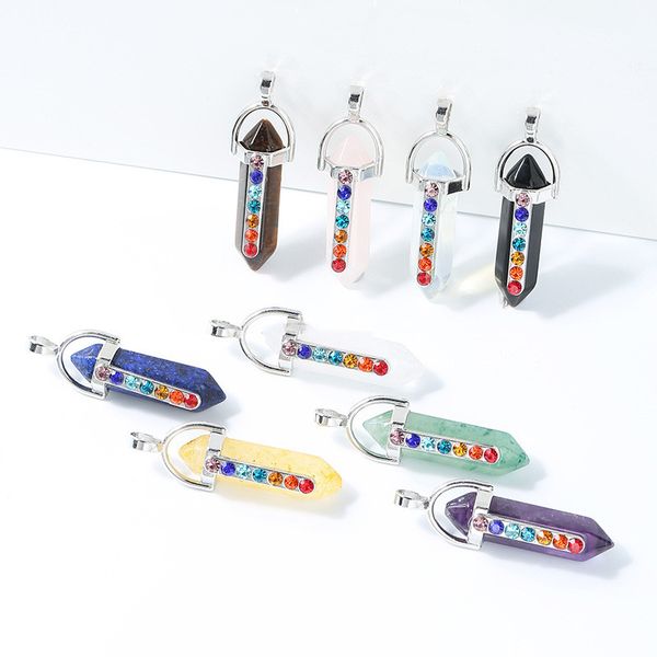 

7 chakra rhinestone natural stone charms rose quartz crystal hexagonal prism pendulum reiki pendants for jewelry making necklaces, Bronze;silver