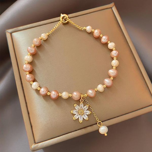 

link, chain baroque natural pearl bracelet female crystal daisy flower girl, Black
