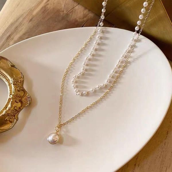 

pendant necklaces kpop pearl choker necklace cute double layer chain for women jewelry girl gift collar collier femme 2021 fashion, Silver