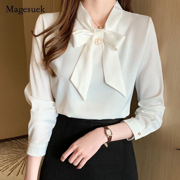 

women's blouses & shirts 2021 autumn bow satin long sleeve shirt women office lady solid beading blouse plus size pullover ladies 1049, White