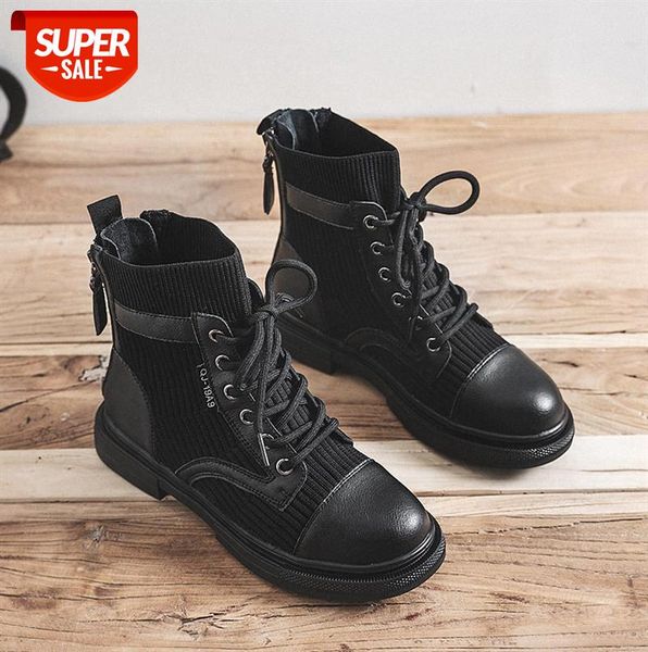 

leather knitted martin boots women women's lace-up ladies mid-tube shoes #fg11