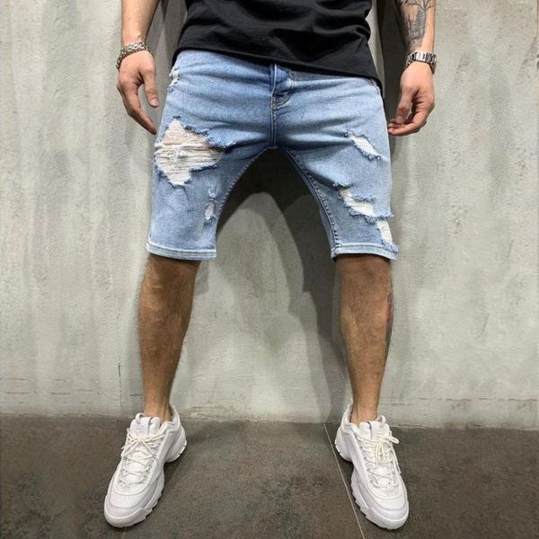 

men's jeans slim-fit ripped denim shorts solid color trendy middle pants, Blue