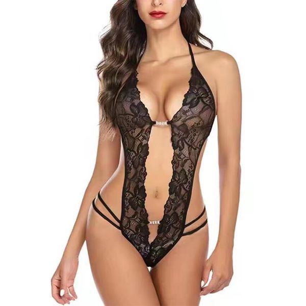 Mulheres sexy pijamas um pedaço lingerie roupa interior lace bodysuit profundo v peluche babydoll