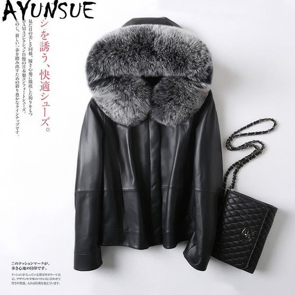 

genuine leather jacket women winter real sheepskin coat female fur collar women's down jackets chaqueta mujer my3943 & faux, Black