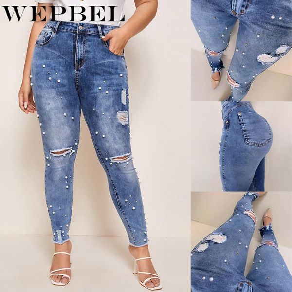 

mandylandy women vintage pearls hole denim pants lady high waist stretchy pencil pant ripped jeans distressed long trousers women's, Blue
