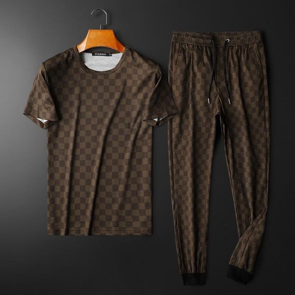 

men's tracksuits 2021 summer short-sleeved t-shirt suit fashion brand slim printed trousers two-piece men tracksuit set, Gray