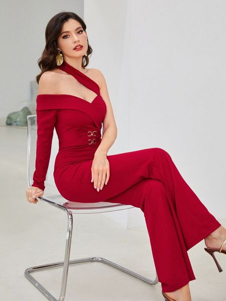 

asymmetrical neck chain detail flare leg jumpsuit u1ll#, White