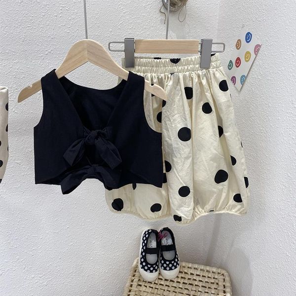 

summer kids suit girls dot 2pcs bow tes and loose pants korean children set sleeveless clothes, White