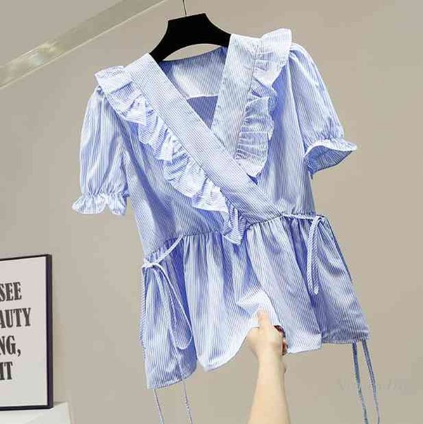 

blouses short sleeve striped blouse women's pleated ruffles v-neck lace-up waist slimming girls ladies pullover shirt blusas mujer, White